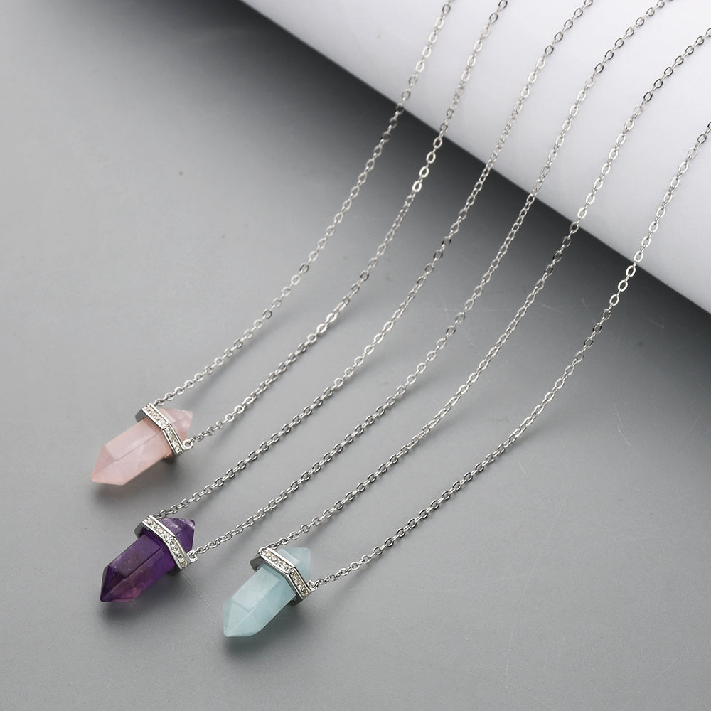 15" S925 Sterling Silver Rainbow Gemstone Hexagon Point CZ Micro Pave Necklace, Amethyst Aquamarine Moonstone Dainty Jewelry SS226