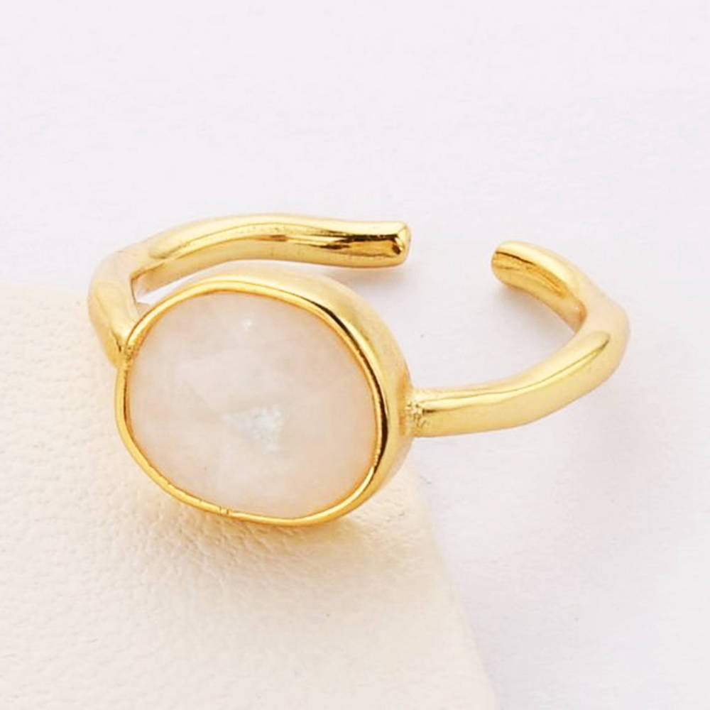 gold plated brass bezel moonstone ring, faceted stone ring, natural crystal stone ring, fashion jewelry, gift for woman for her
