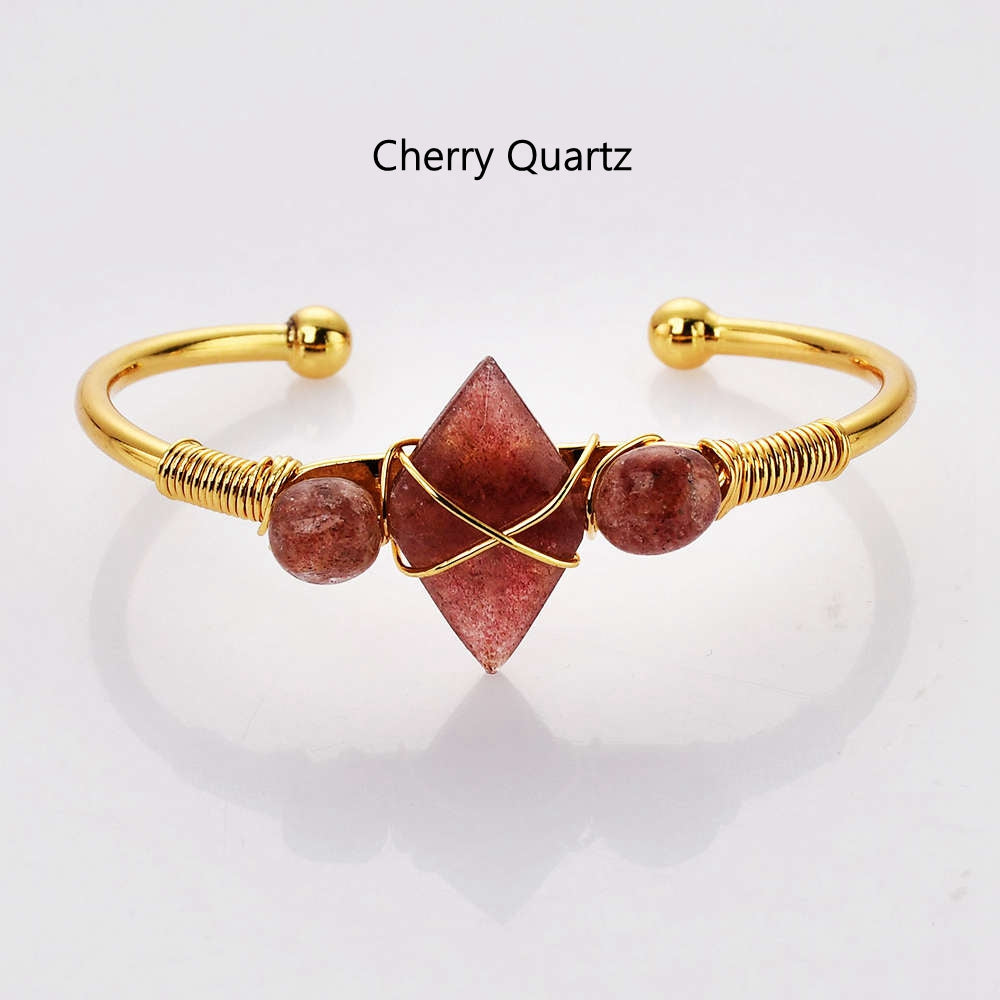 Diamond Shape Beads Gold Wire Wrap Gemstone Bracelet Crystal Stone Bracelet Jewelry WX2094 strawberry quartz bracelet