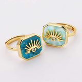 Octagon Gemstone CZ Eye Adjustable Gold Plated Rings, Turquoise Larimar Rhodochrosite Jewelry Ring ZG0462