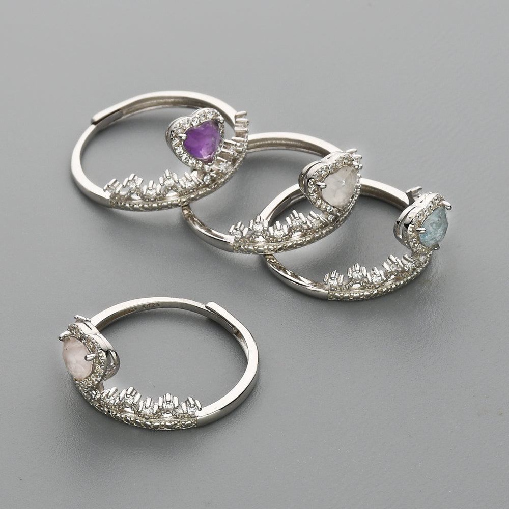 S925 Sterling Silver CZ Gemstone Heart Ring, Dainty Crown Ring, Healing Crystal Amethyst Aquamarine Rose Quartz Moonstone Birthstone Ring Jewelry SS211