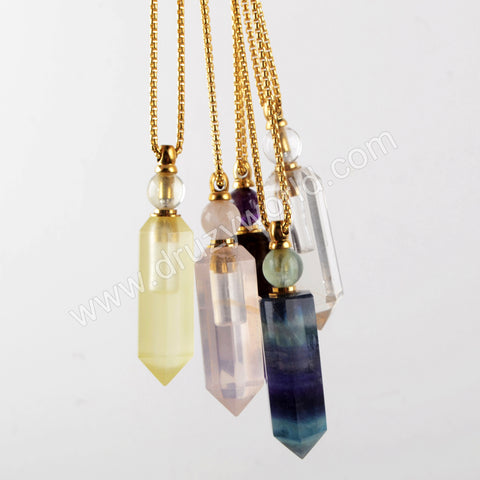 19" Gold Chain Healing Natural Stone Crystal Point Perfume Bottle Necklace WX1507