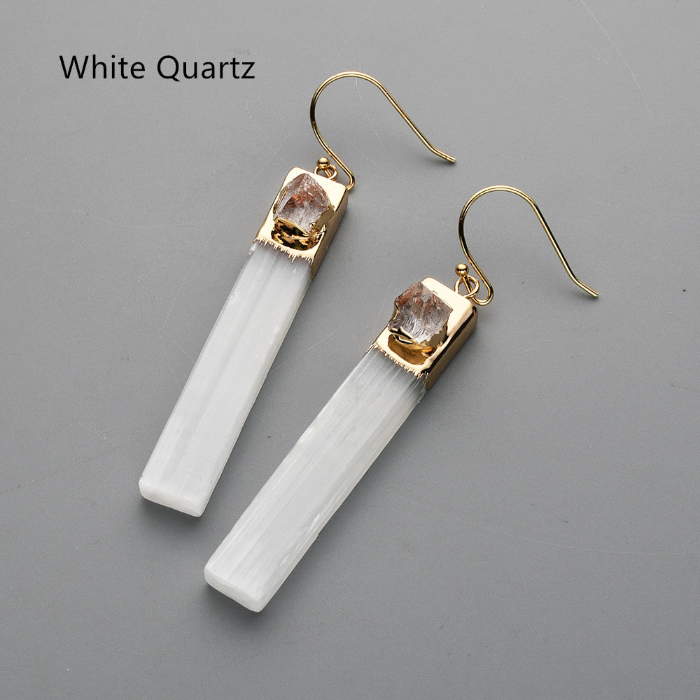 Gold Plated Rectangle Natural Selenite Crystal Earrings, Pave Raw Gemstone Chips, Healing Jewelry, Boho Earrings G2091 White Quartz Earrings