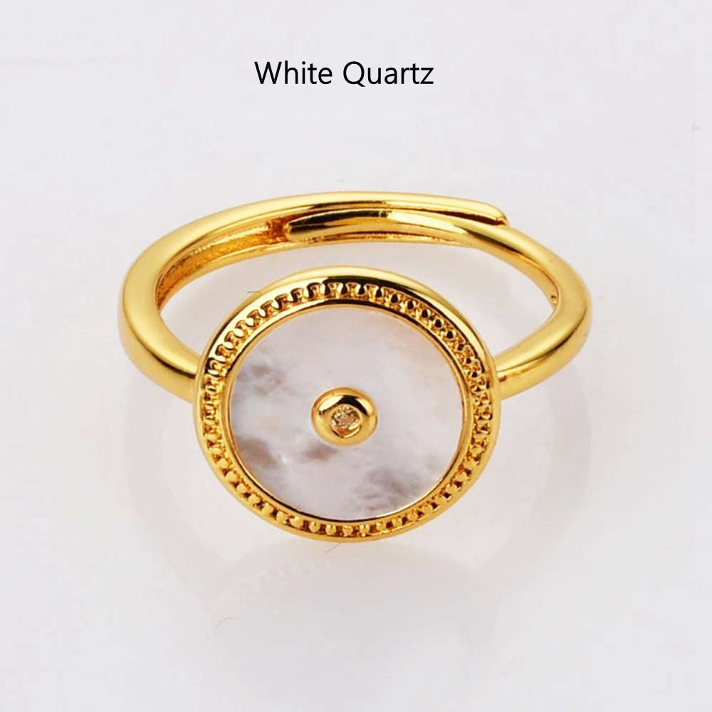 Adjustable Round white quartz ring Gold Plated Natural Gemstone Ring Healing Crystal Rings WX2084