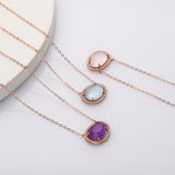 15" Rose Gold Plated Amethyst Moonstone Crystal Faceted Necklace CZ Micro Pave, 925 Sterling Silver Prong Jewelry For Women SS228NR