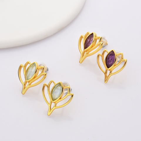 Gold Marquise Amethyst Aquamarine Moonstone Lotus Flower Stud Earrings S925 Sterling Silver Studs, Healing Crystal Jewelry Earring SS219RG