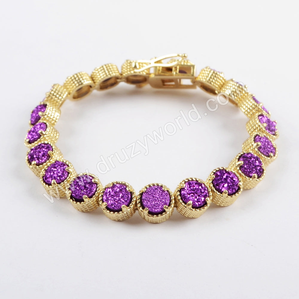 Gold Plated Round Titanium Rainbow Druzy Bracelets, Natural Drusy Crystal Tennis Bracelet ZG0354