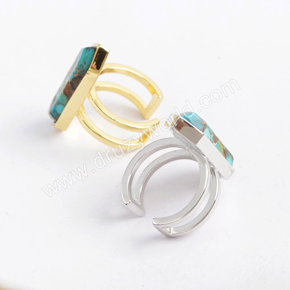 Bezel Copper Turquoise Open Ring Natural Turquoise Rings Gold Pated ZG0378