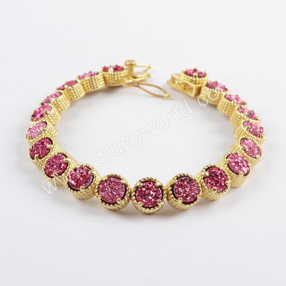 Gold Plated Round Titanium Rainbow Druzy Bracelets, Natural Drusy Crystal Tennis Bracelet ZG0354