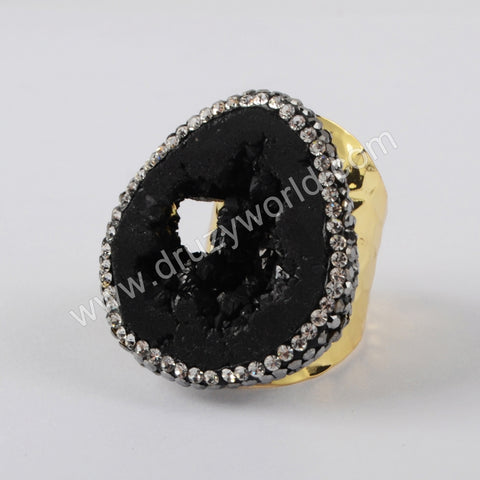 Rhinestone Pave Big Raw Titanium Black Druzy Crystal Slice Gold Band Ring JAB970