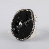 Rhinestone Pave Big Raw Titanium Black Druzy Crystal Slice Gold Band Ring JAB970