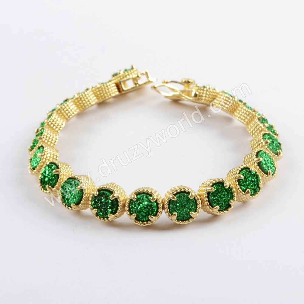 Gold Plated Round Titanium Rainbow Druzy Bracelets, Natural Drusy Crystal Tennis Bracelet ZG0354