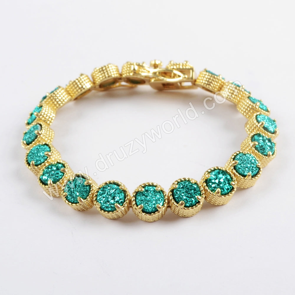 Gold Plated Round Titanium Rainbow Druzy Bracelets, Natural Drusy Crystal Tennis Bracelet ZG0354