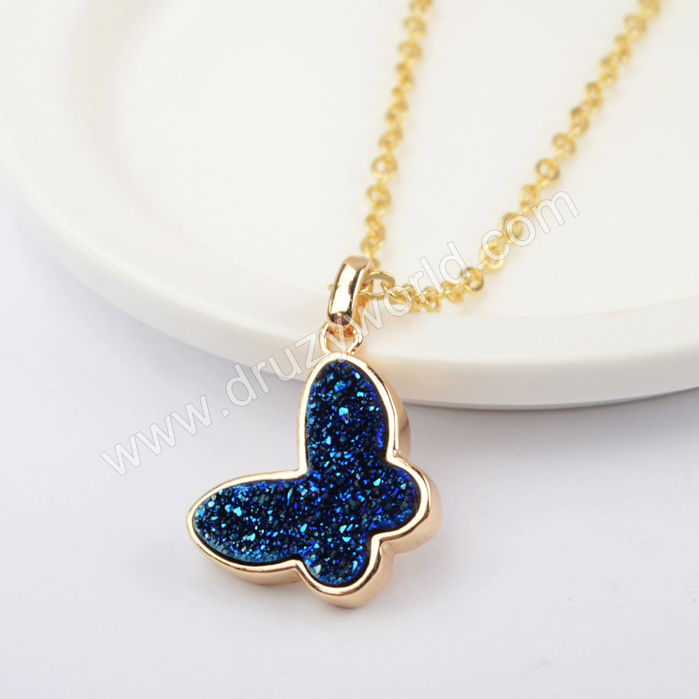 16"Natural Agate Titanium Butterfly Druzy Necklace Gold Plated WX1365-N