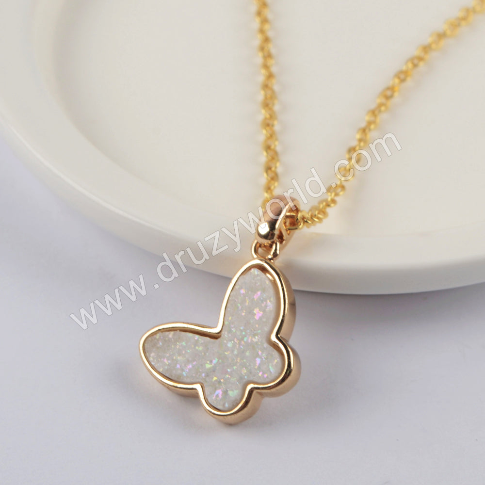 16"Natural Agate Titanium Butterfly Druzy Necklace Gold Plated WX1365-N