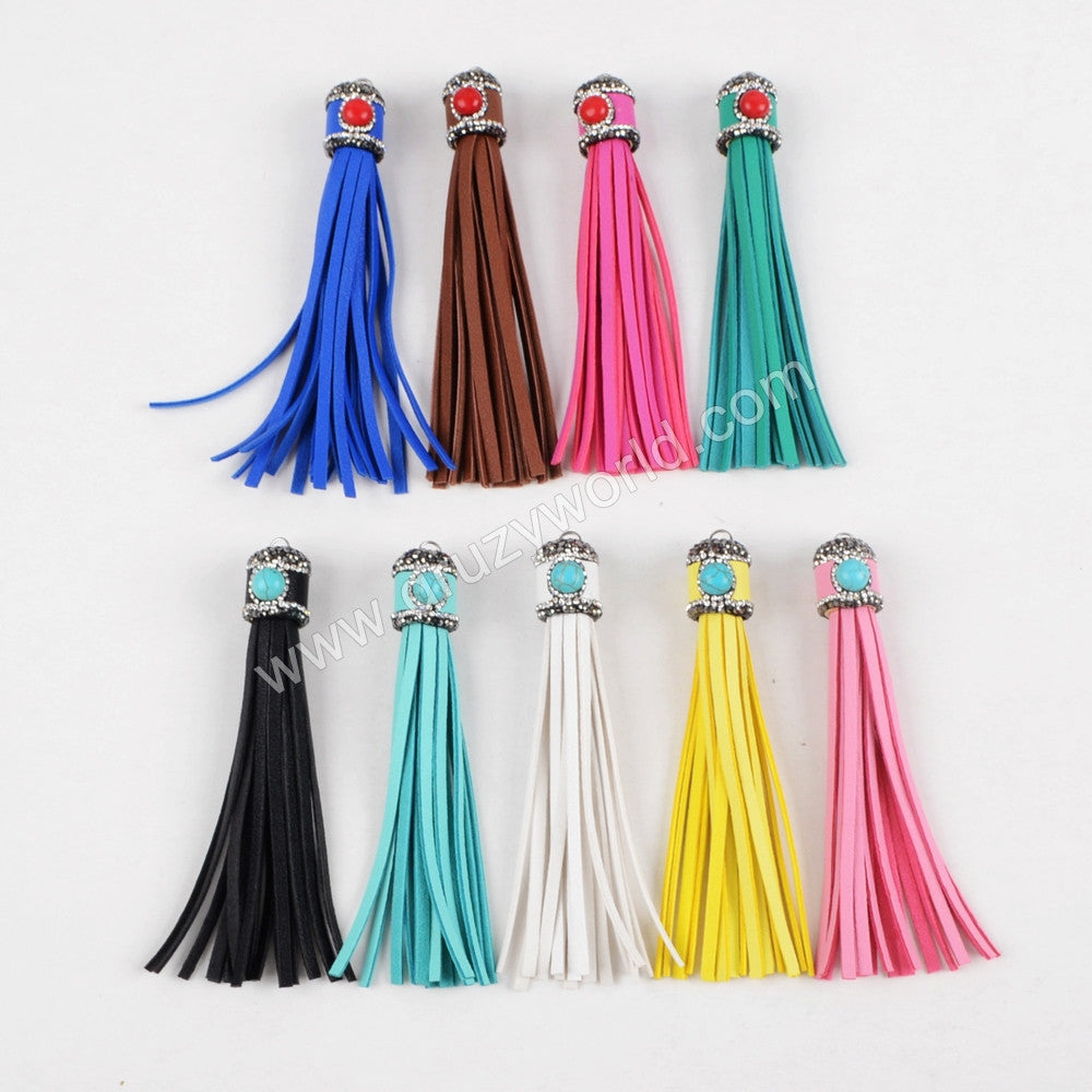 Long Leather Tassel With Rhinestone Howlite Turquopise Charm For DIY Jewelry Making JAB618