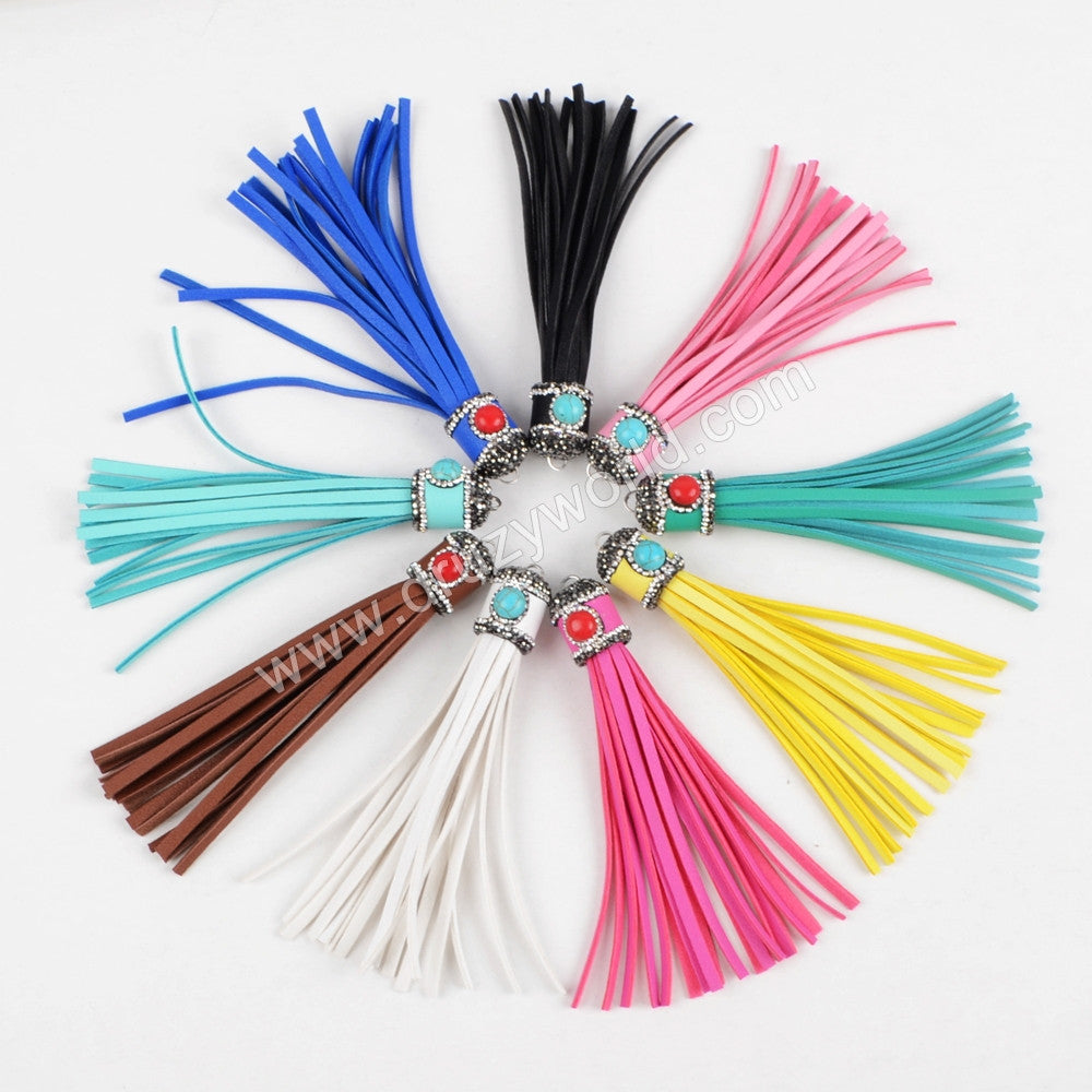 3 pcs of Long Leather Tassel With Rhinestone Howlite Turquopise Charm For DIY Jewelry Making JAB618