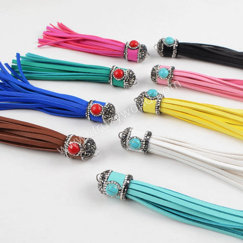 3 pcs of Long Leather Tassel With Rhinestone Howlite Turquopise Charm For DIY Jewelry Making JAB618