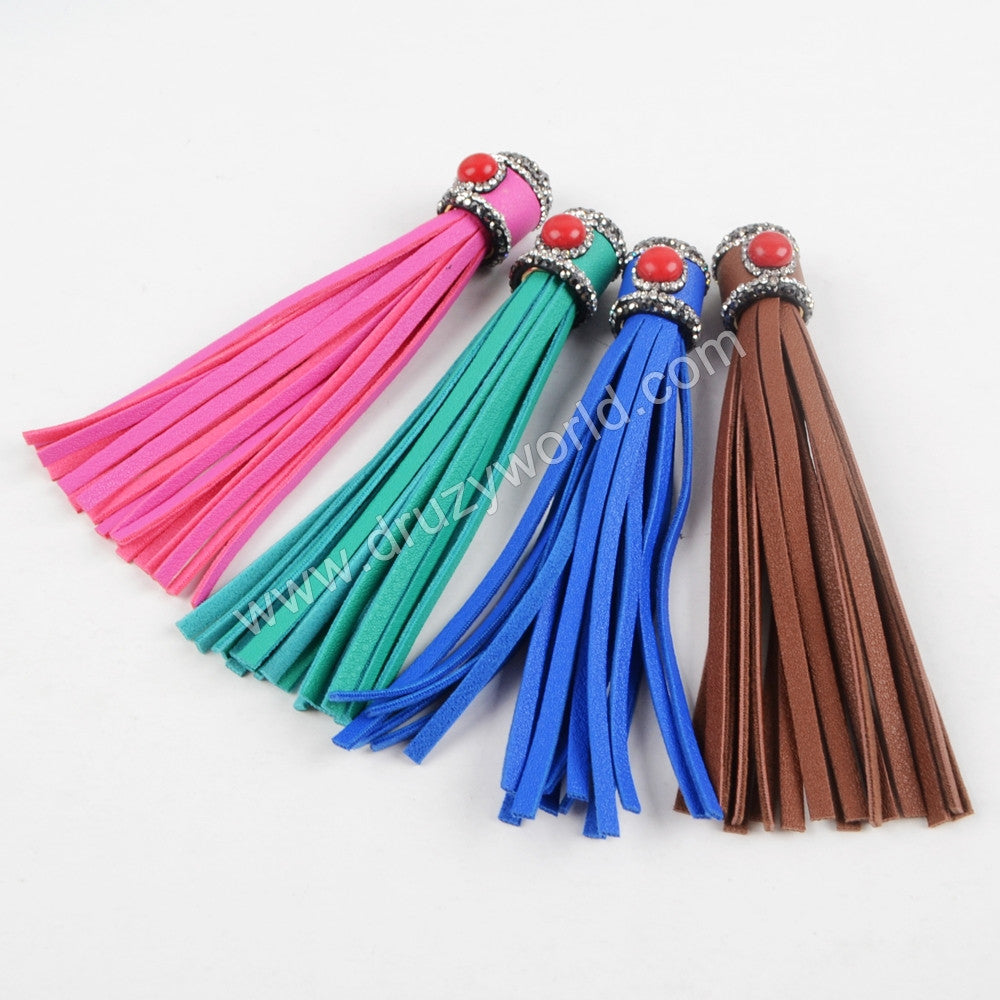 Long Leather Tassel With Rhinestone Howlite Turquopise Charm For DIY Jewelry Making JAB618