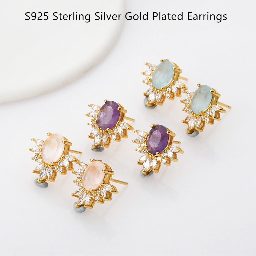 S925 Sterling Silver Gold Amethyst Aquamarine Rose Quartz Moonstone CZ Micro Pave Stud Earrings, Healing Gemstone Jewelry SS222