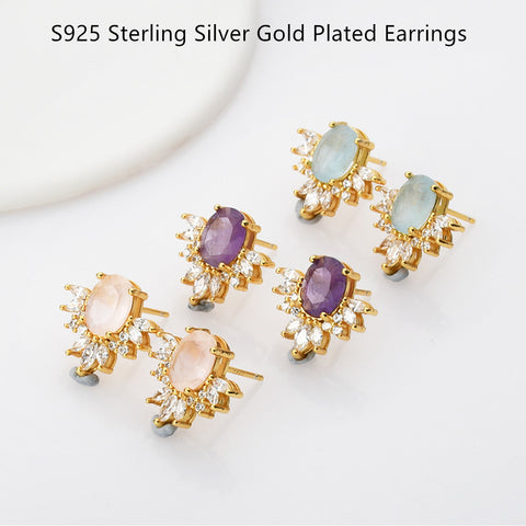 Gold Plated Rose Quartz Stud Earrings Zircon Studs, S925 Sterling Silver Earring, Healing Crystal Jewelry Earrings SS222EG