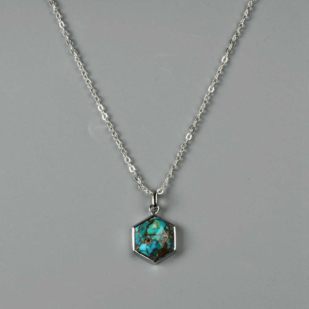 Hexagon Silver Bezel Briolette Gemstone Pendant Natural Labradorite Moonstone Copper Turquoise Healing Crystal Pendants Necklace ZS0473