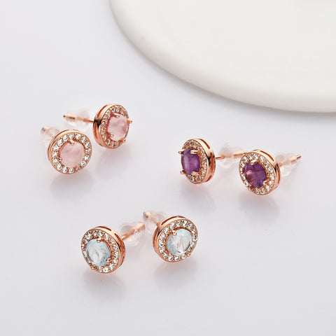 Rose Gold - S925 Sterling Silver CZ Round Gemstone Stud Earrings, Healing Crystal Jewelry, Dainty Earrings SS216ER