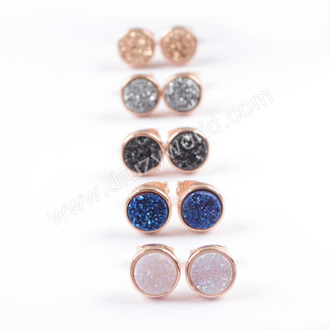 Round 9mm Rose Gold Plated Bezel Titanium Rainbow Druzy Stud Earrings ZR0198