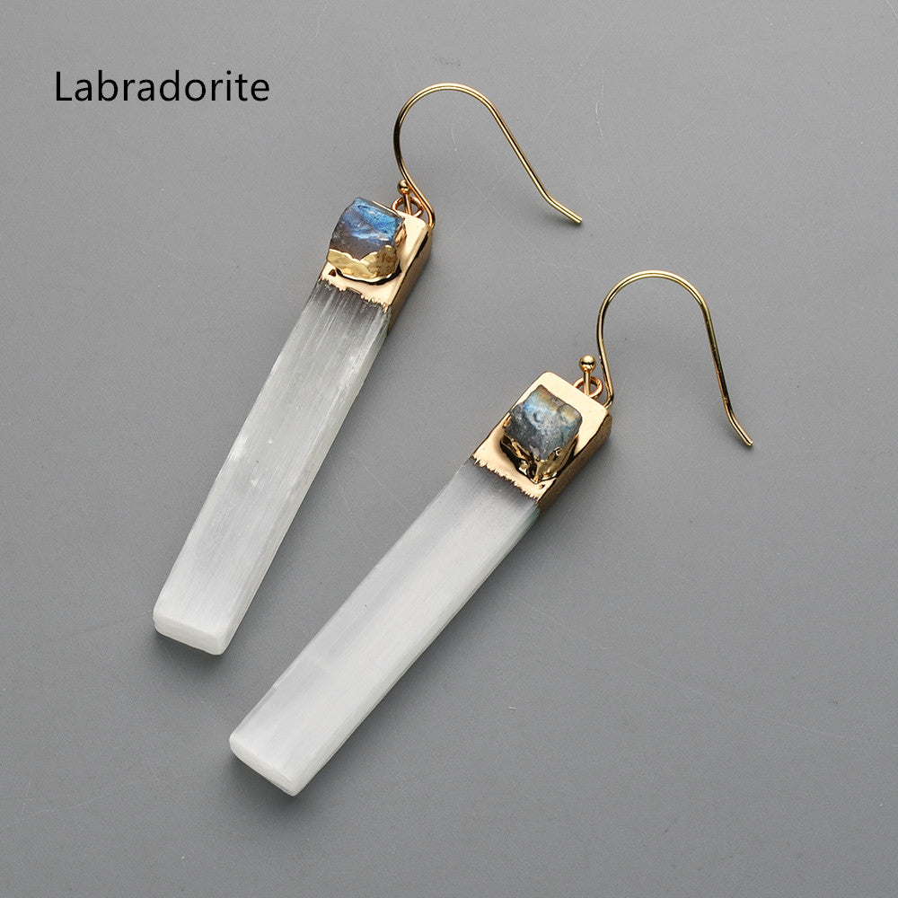 Gold Plated Rectangle Natural Selenite Crystal Earrings, Pave Raw Gemstone Chips, Healing Jewelry, Boho Earrings G2091 Labradorite Earrings