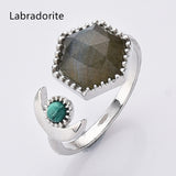 Silver Plated Hexagon Gemstone Faceted Ring, Adjustable Open Ring, Natural Crystal Stone Jewelry WX2196