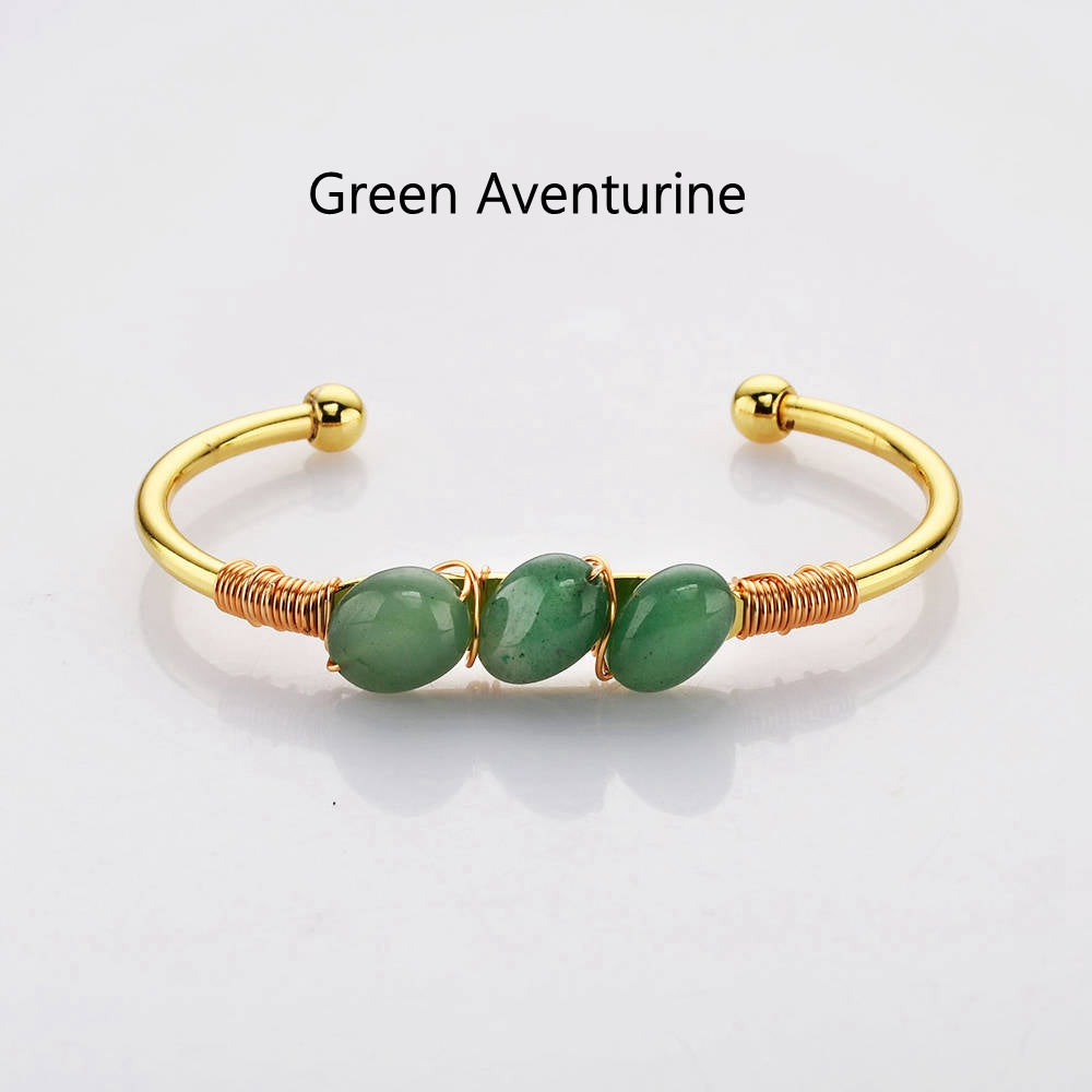 green aventurine Gold Plated Brass Wire Wrap Gemstone Bangle Bracelet Healing Crystal Stone Bracelet Handmade Boho Jewelry WX2075