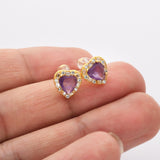 Gold - S925 Sterling Silver CZ Heart Gemstone Stud Earrings, Dainty Earrings, Healing Crystal Jewelry SS213RG