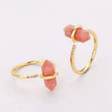 CZ Gold Plated Natural Gemstone Crystal Terminated Point Rings Faceted Turquoise Moonstone Larimar Rhodochrosite Labradorite Ring ZG0461