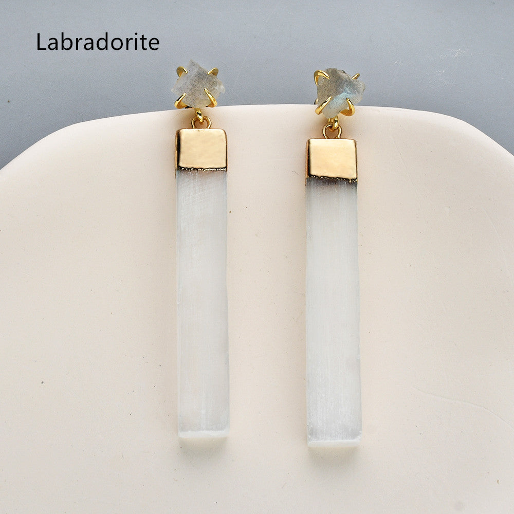Gold Plated Claw Raw Gemstone Chips & Selenite Bar Stud Earrings, Healing Crystal Stone Jewelry, Boho Earrings ZG0491 Labradorite Earrings