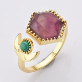 Hexagon Gold Plated Brass Gemstone Faceted Ring, Adjustable Open Ring, Natural Crystal Jewelry WX2195
