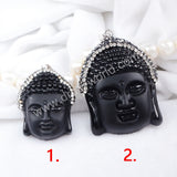 Big Frosted Black Obsidian Carved Buddha Head Rhinestone Pendant Bead JAB343