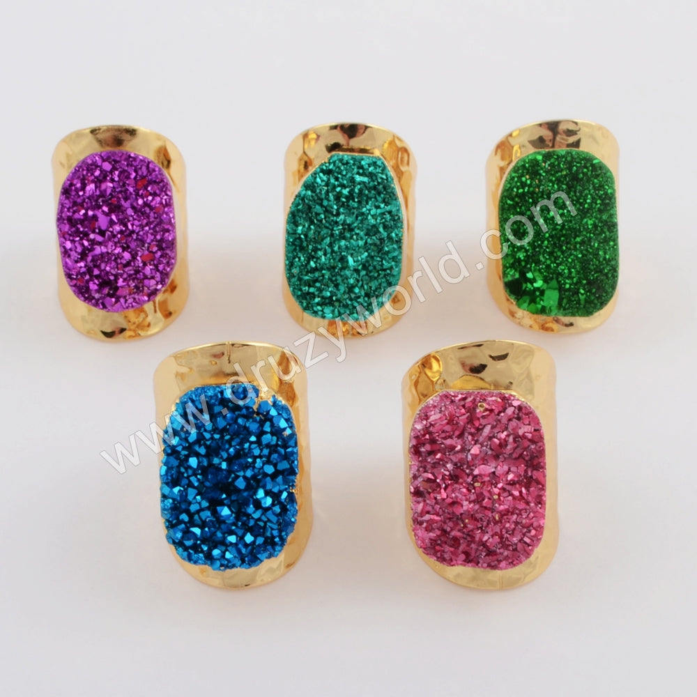 Gold Plated Natural Agate Titanium Rainbow Druzy Band Ring G1737