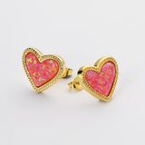 Gold Plated Bezel Heart Turquoise Gemstone Stud Earrings, Opal Black Agate Jewelry ZG0455