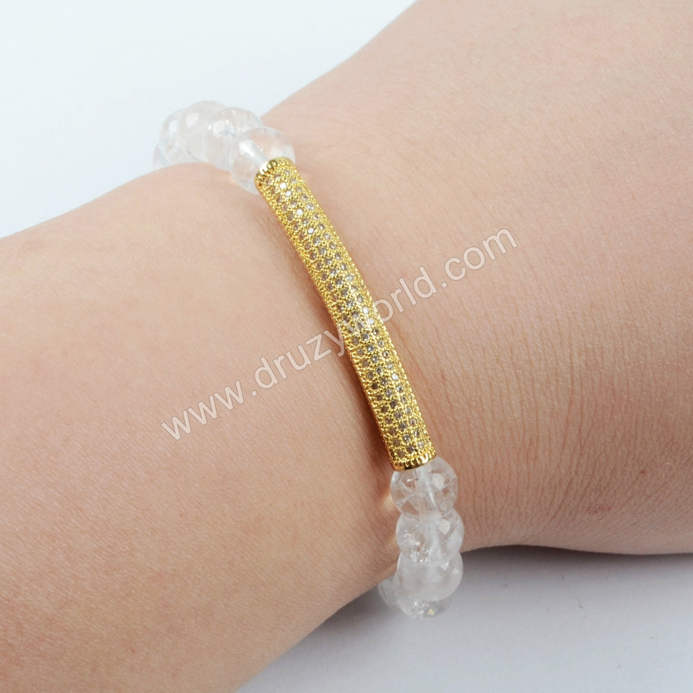 Gold Plated CZ Tube Bar With 8mm Gemstone Beads Bracelet G1475