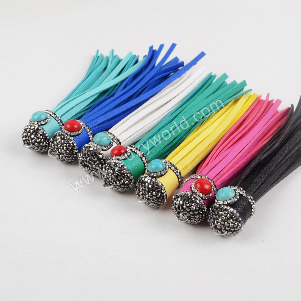 3 pcs of Long Leather Tassel With Rhinestone Howlite Turquopise Charm For DIY Jewelry Making JAB618