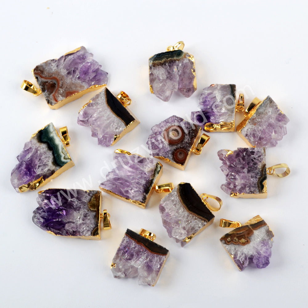 Gold Plated Rectangle Natural Amethyst Druzy Slice Pendant Charm Jewelry Making G1953