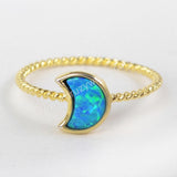 Gold Bezel Crescent Moon White/Blue Opal Ring ZG0237