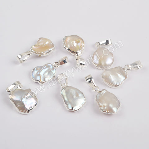 Silver Plated White Natural Pearl Pendant Charm For Jewelry Making S1673