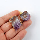 Gold Plated Rectangle Natural Amethyst Druzy Slice Pendant Charm Jewelry Making G1953