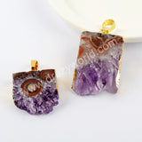 Gold Plated Rectangle Natural Amethyst Druzy Slice Pendant Charm Jewelry Making G1953