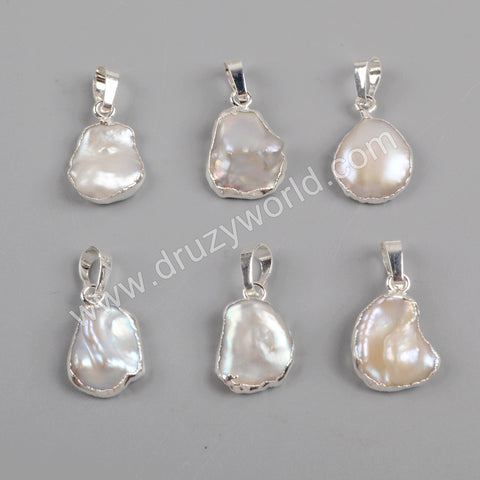 Silver Plated White Natural Pearl Pendant Charm For Jewelry Making S1673