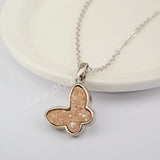 16"Natural Agate Titanium Butterfly Druzy Necklace Silver Plated WX1366-N