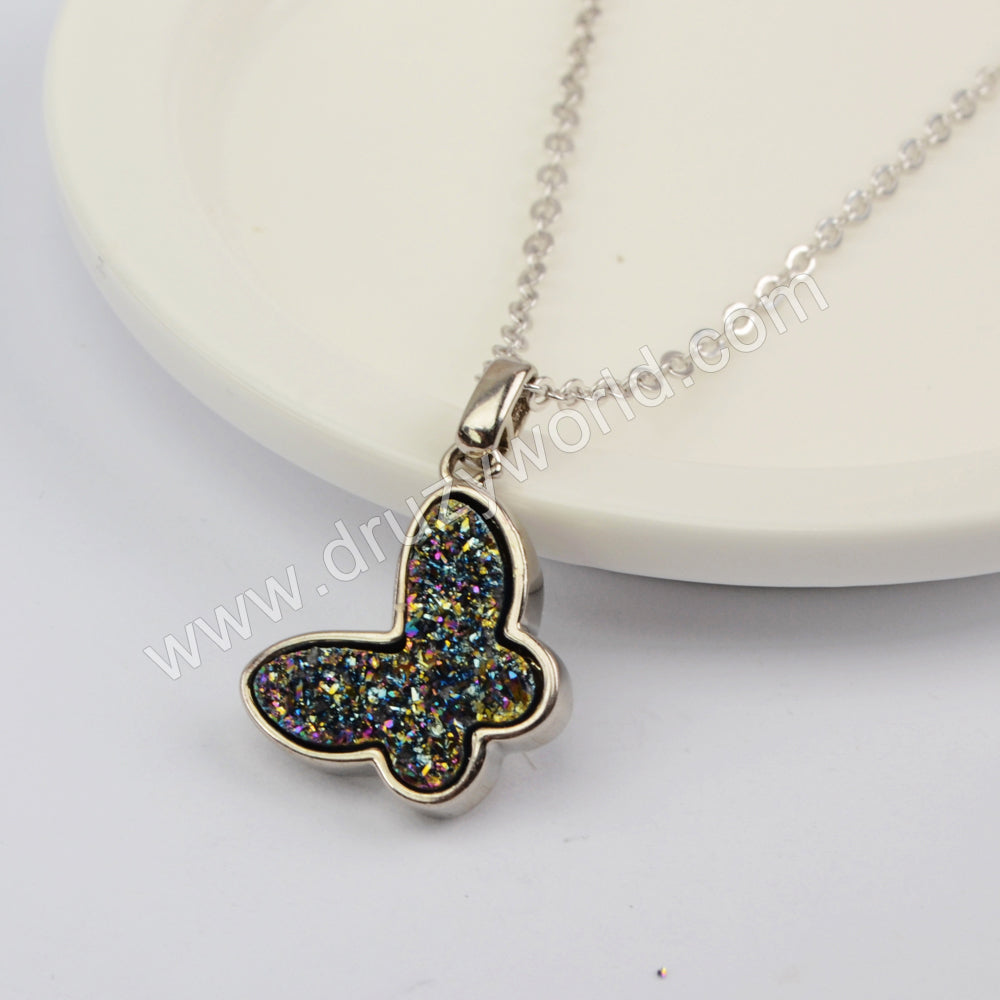 16"Natural Agate Titanium Butterfly Druzy Necklace Silver Plated WX1366-N