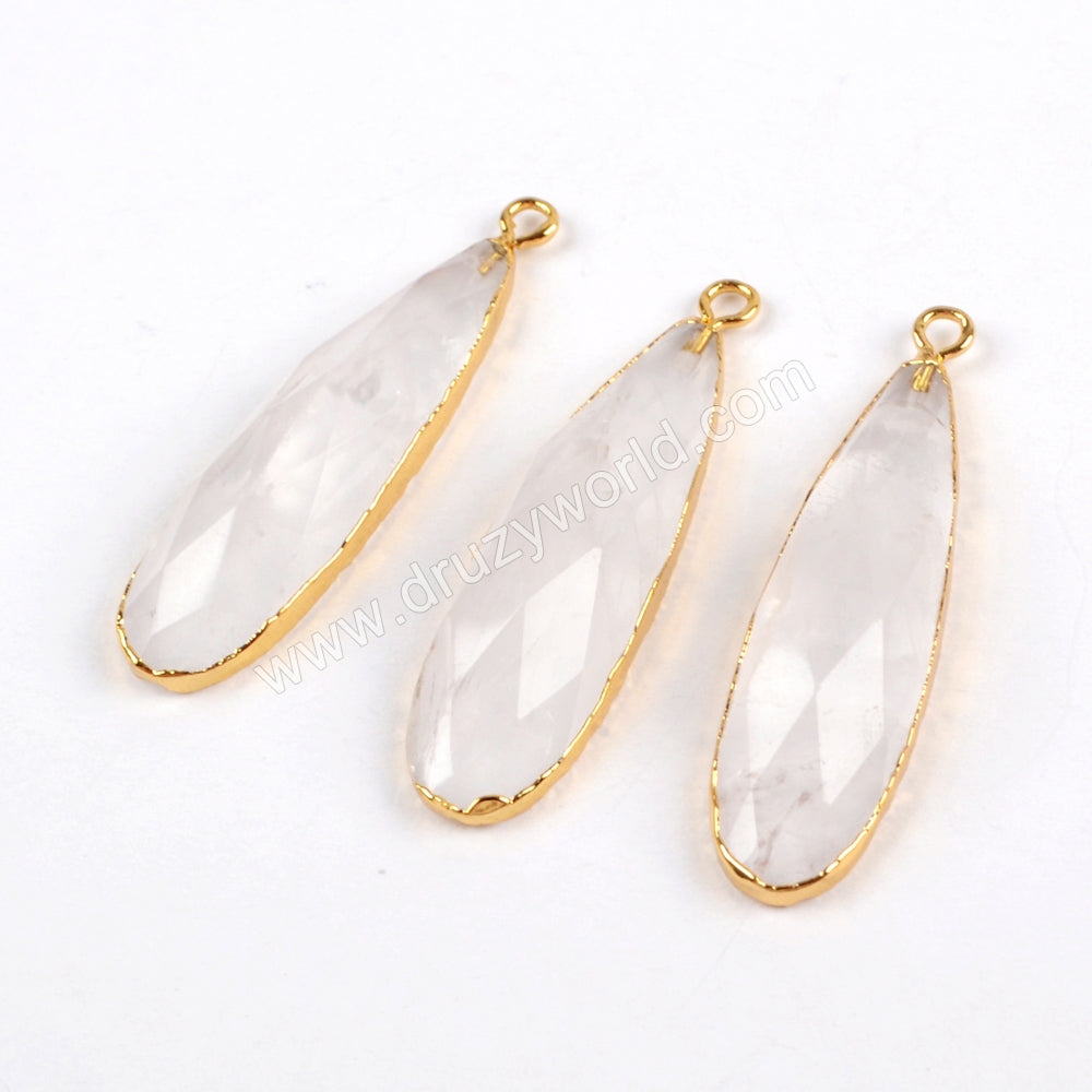 Teardrop Gold Plated White Quartz Crystal Faceted Charm G1524
