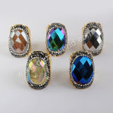 Rhinestone Pave Titanium Rainbow Aura Crystal Quartz Faceted Gold Band Ring JAB972